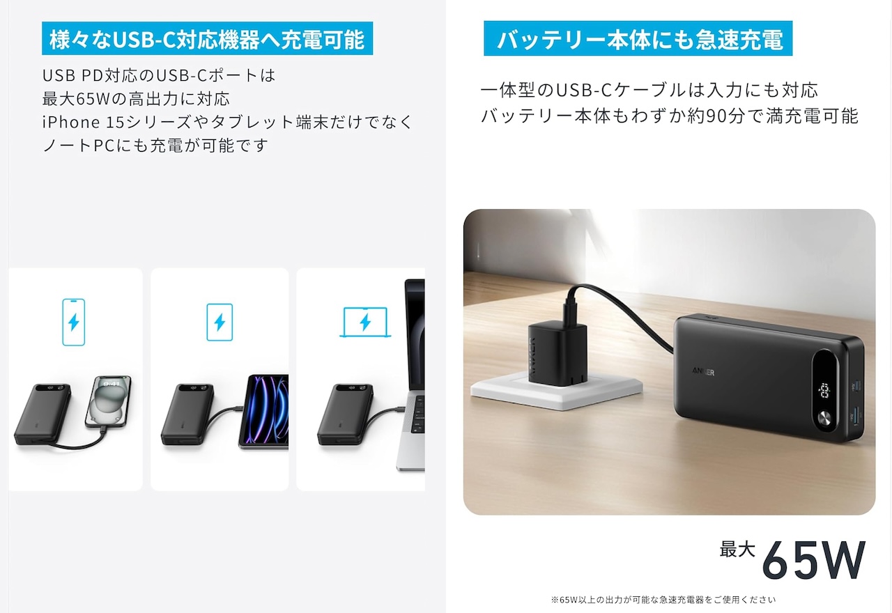 Anker Power Bank (20000mAh, 87W, Built-In USB-C ケーブル)