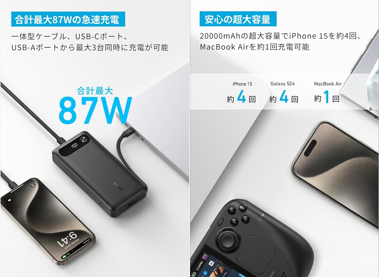 Anker Power Bank (20000mAh, 87W, Built-In USB-C ケーブル)