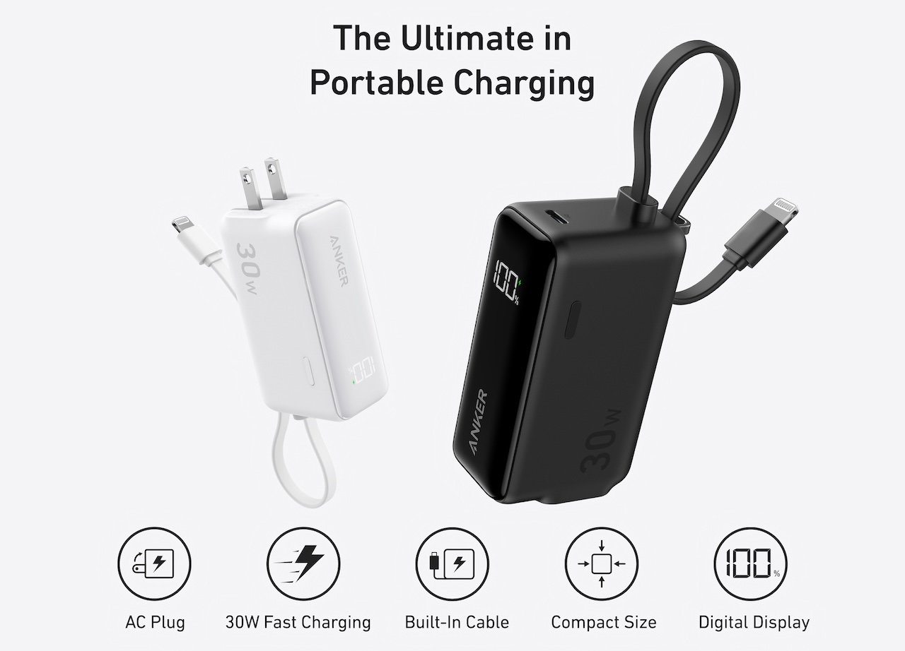 Anker Power Bank (30W, Fusion, Built-In Lightning Cable)