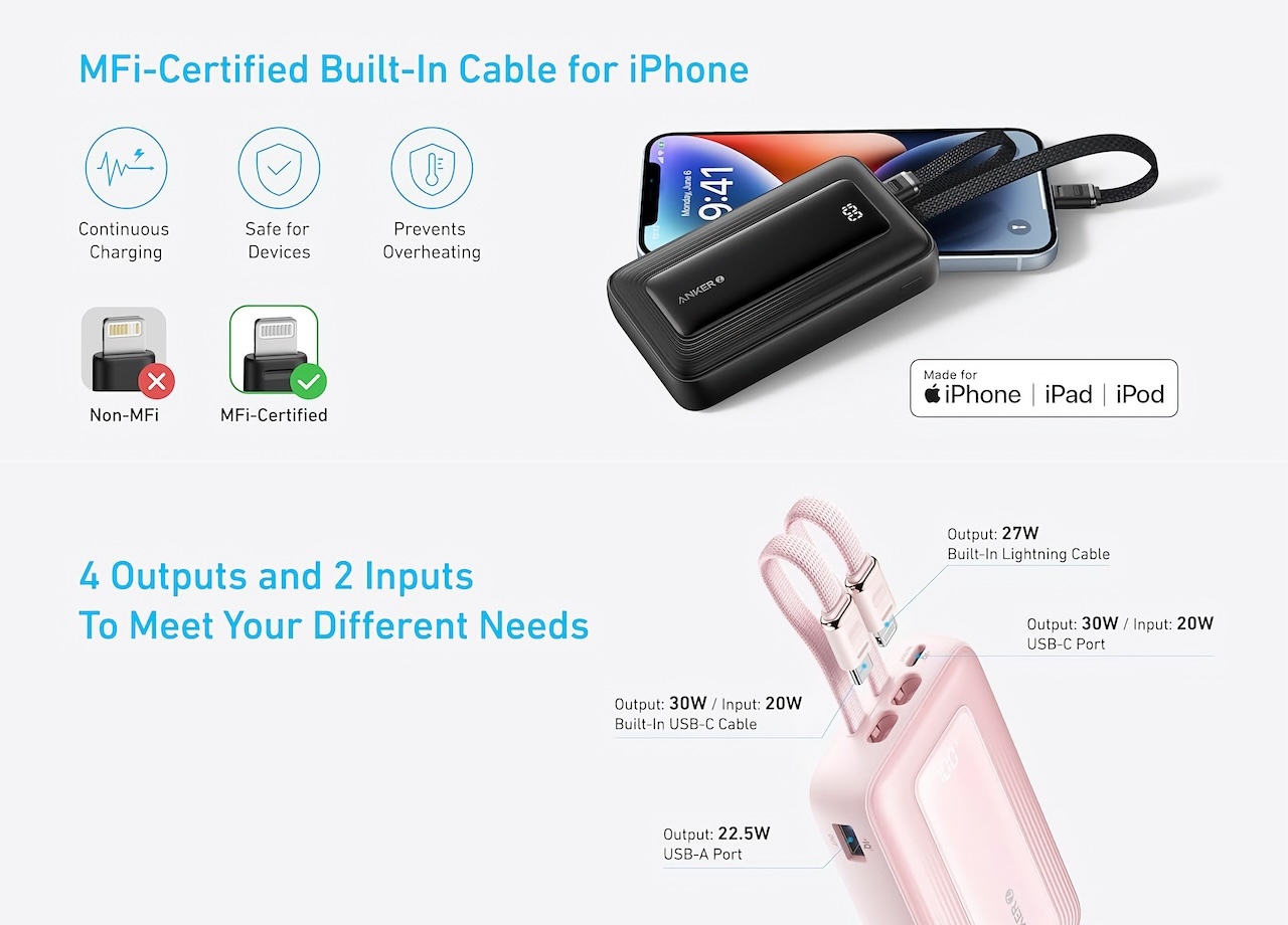 Anker Zolo Power Bank (10K, Built-In USB-C and Lightning Cable)