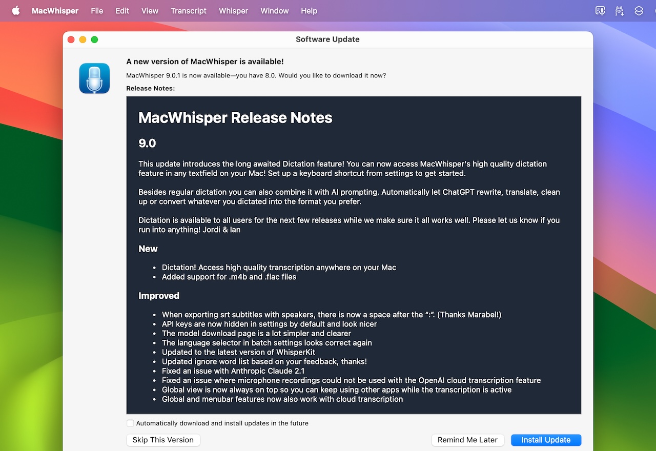 MacWhisper v9 add Dictation