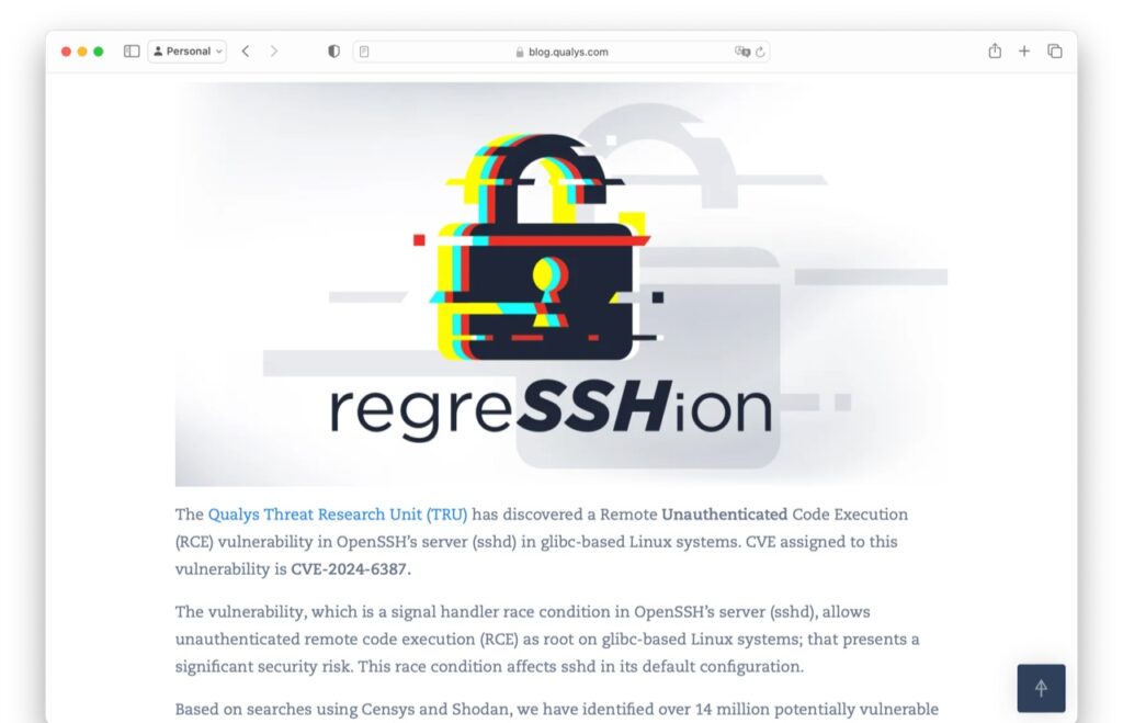 OpenSSHの脆弱性「regreSSHion (CVE20246387)」に関し、Appleは現在のところmacOS/iOSでの影響を調査中。