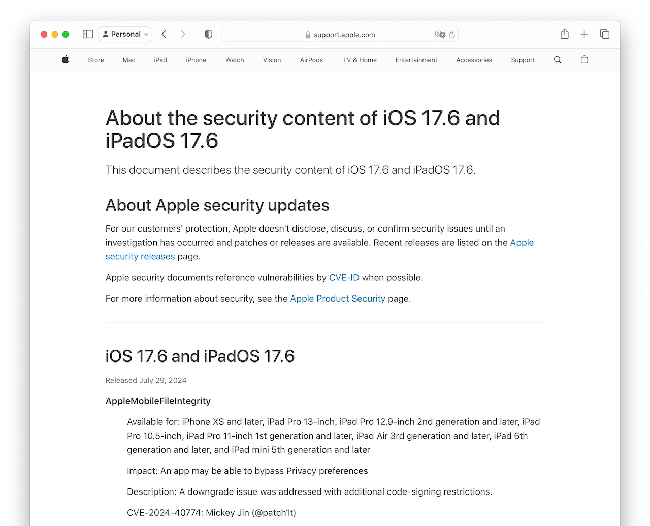 About the security content of iOS 17.6 and iPadOS 17.6