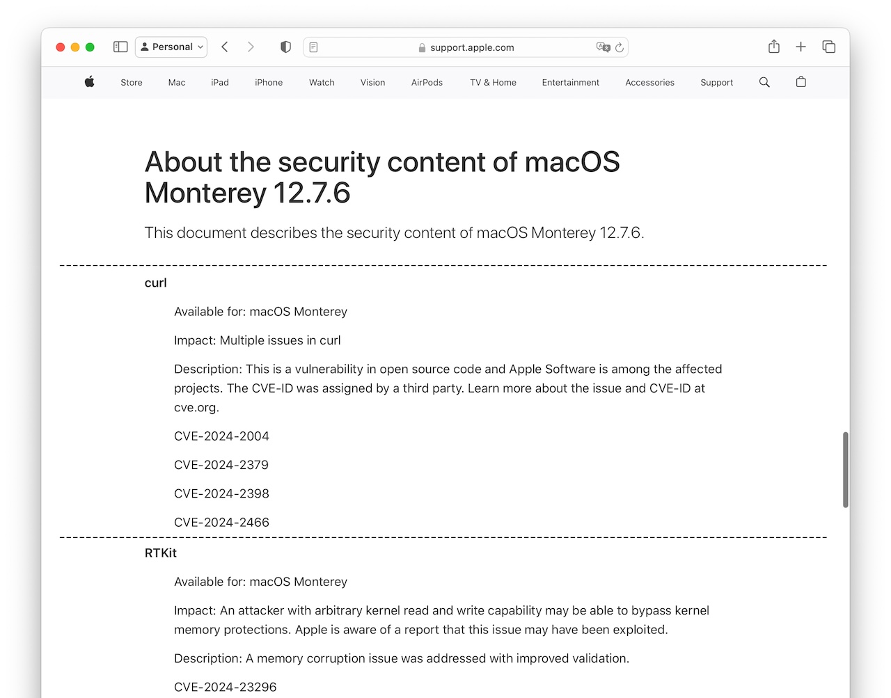 About the security content of macOS Monterey 12.7.6