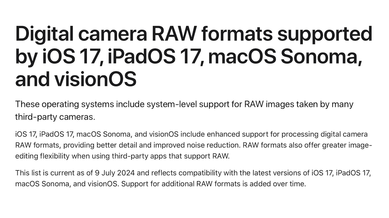 Digital camera RAW formats supported by iOS 17, iPadOS 17, macOS Sonoma, and visionOS