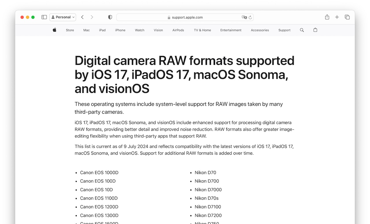 Digital camera RAW formats supported by iOS 17, iPadOS 17, macOS Sonoma, and visionOS