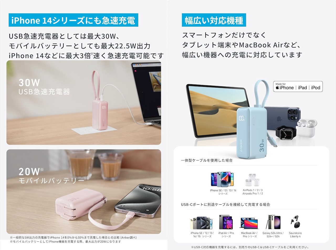 Anker Power Bank (30W, Fusion, Built-In ライトニングケーブル)