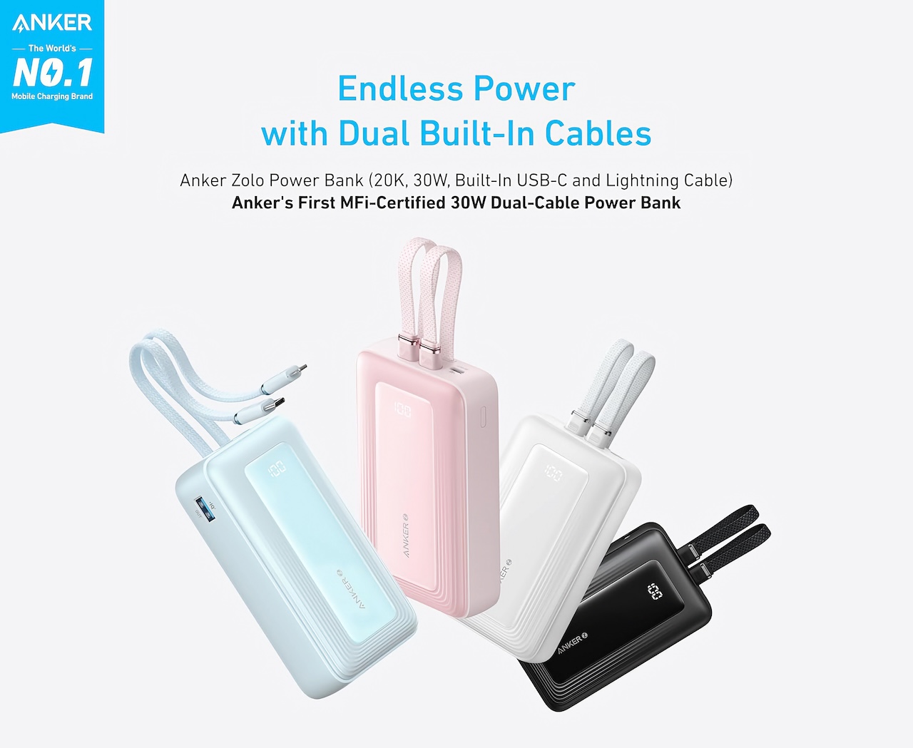 Anker Zolo Power Bank (20K, Built-In USB-C and Lightning Cable)