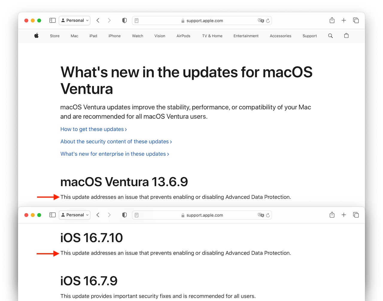 macOS Ventura 13.6.9 とiOS 16.7.10