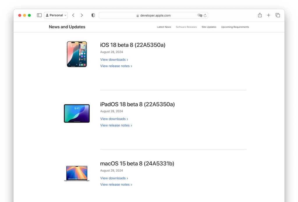 Apple、開発者向けに「macOS 15 Sequoia」や「iOS 18/iPadOS 18」、「visionOS 2」などのBeta 8を公開。