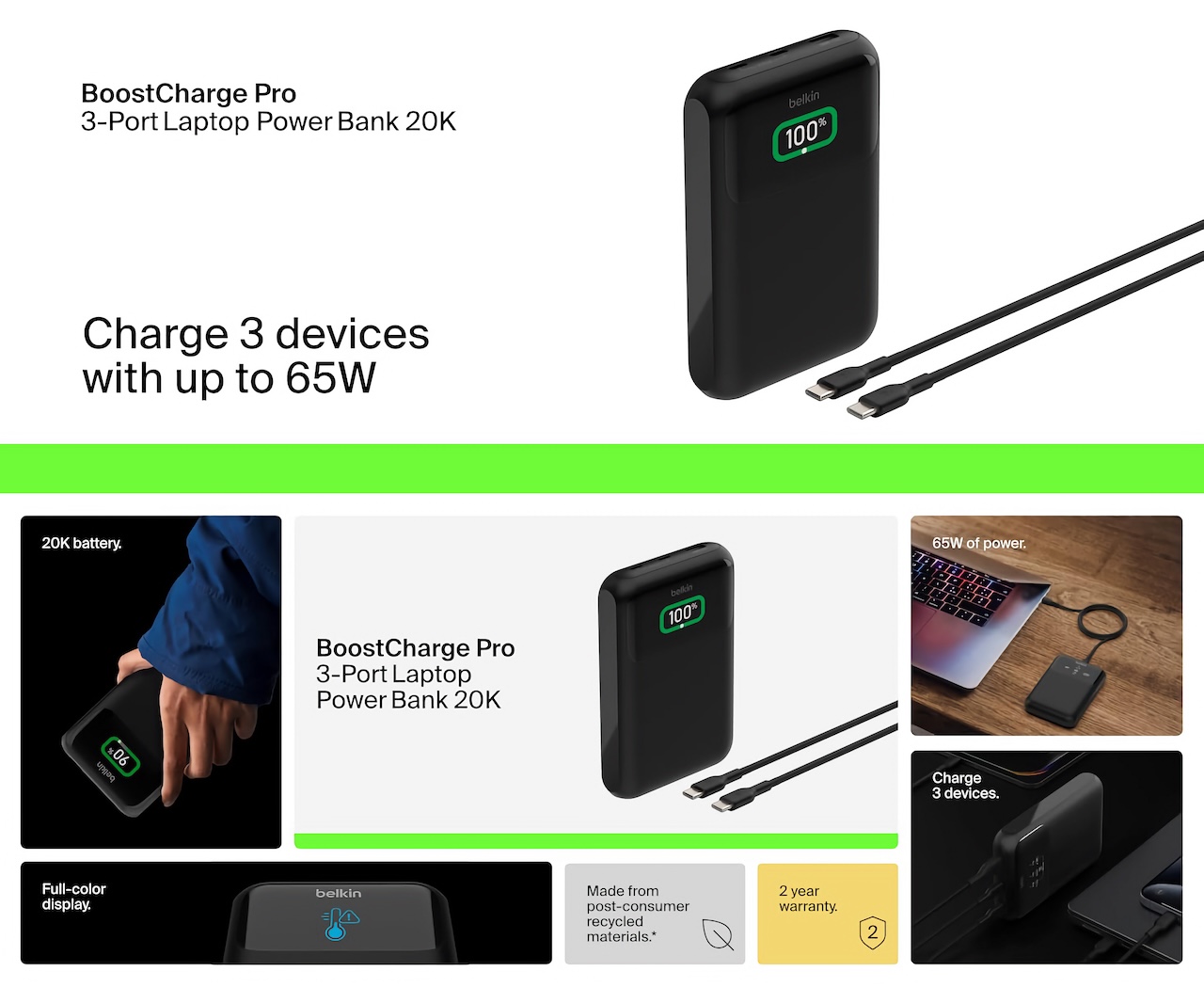 Belkin BoostCharge Pro 3-Port Laptop Power Bank 20K