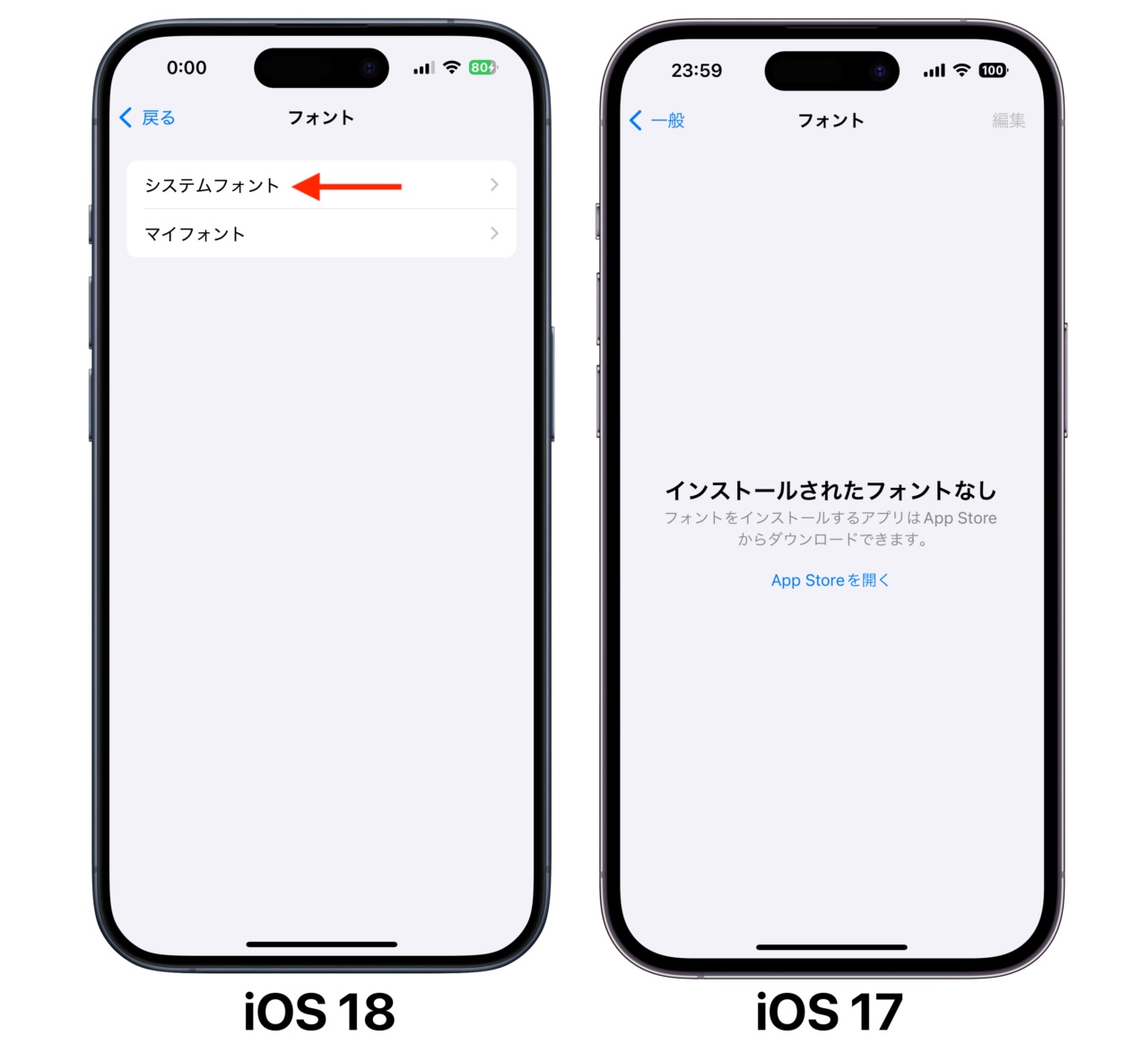 iOS 18とiOS 17のフォントマネージャー