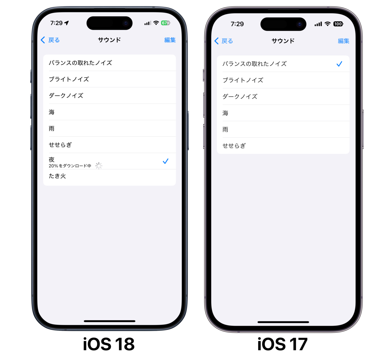 iOS 18とiOS 17のバックグラウンドサウンド