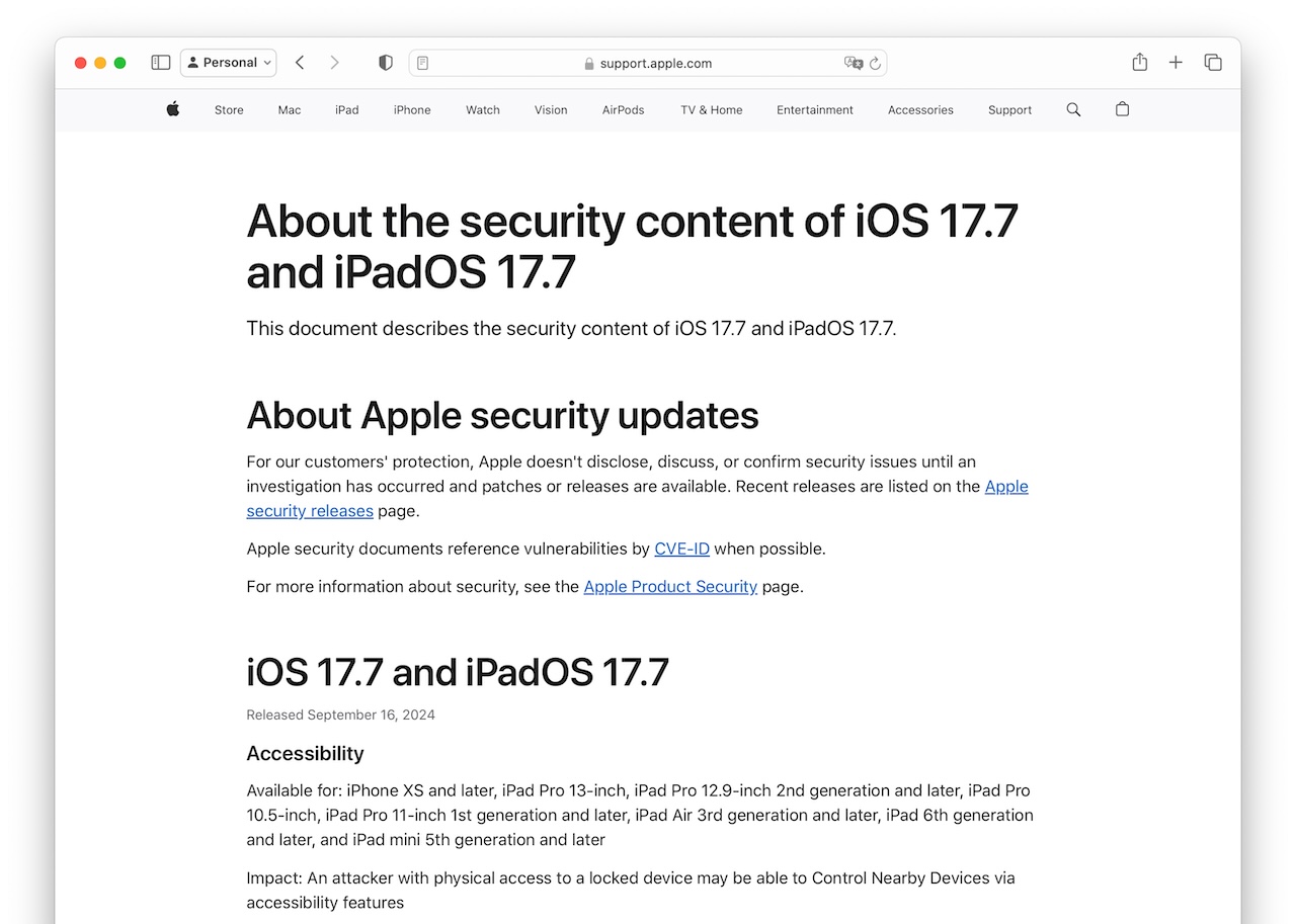 About the security content of iOS 17.7 and iPadOS 17.7