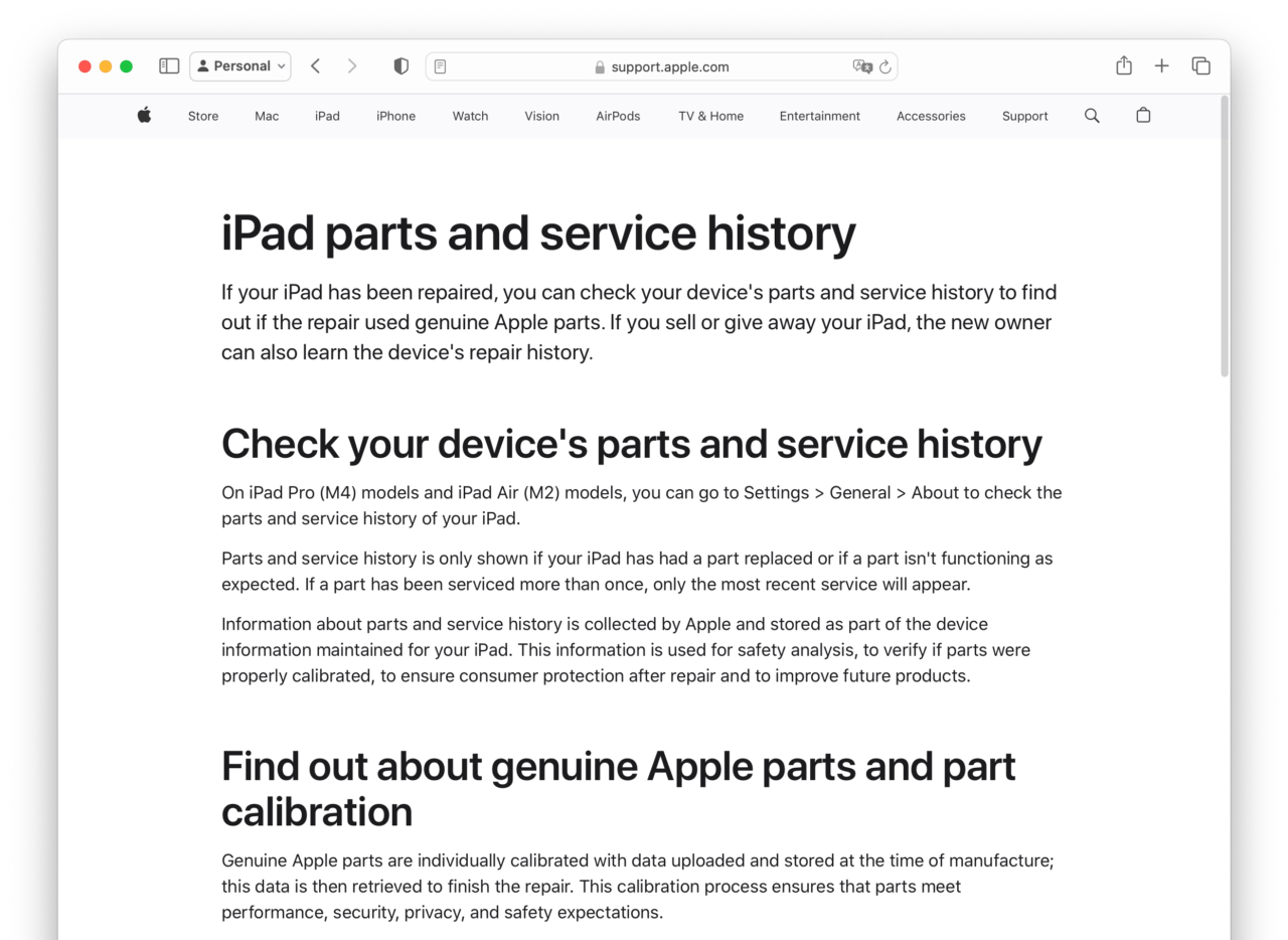 iPad parts and service history