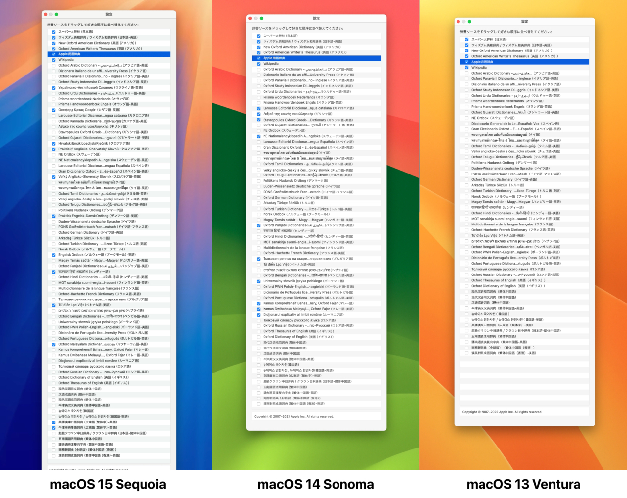 macOS 15 SequoiaとmacOS 14 Sonoma、macOS 13 Venturaの辞書コンテンツ