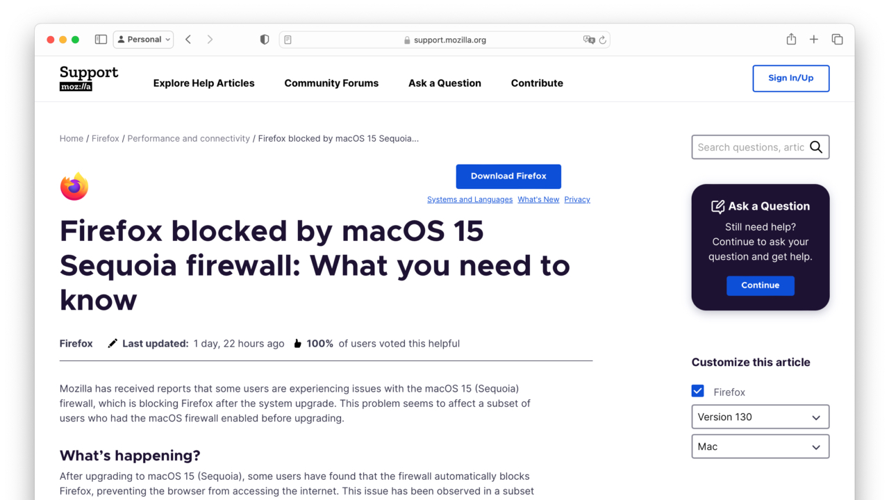 macOS 15 Sequoia firewall block firefox