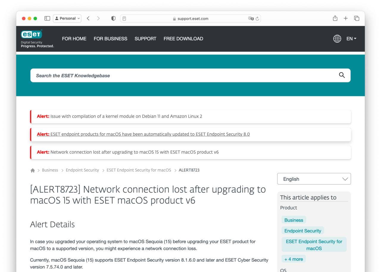 Network connection lost after upgrading to macOS 15 with ESET