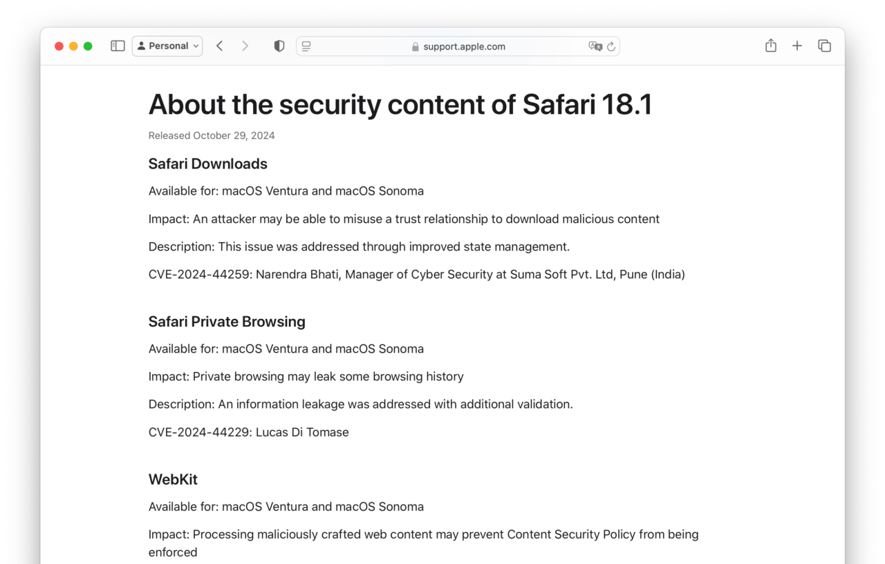 About the security content of Safari 18.1