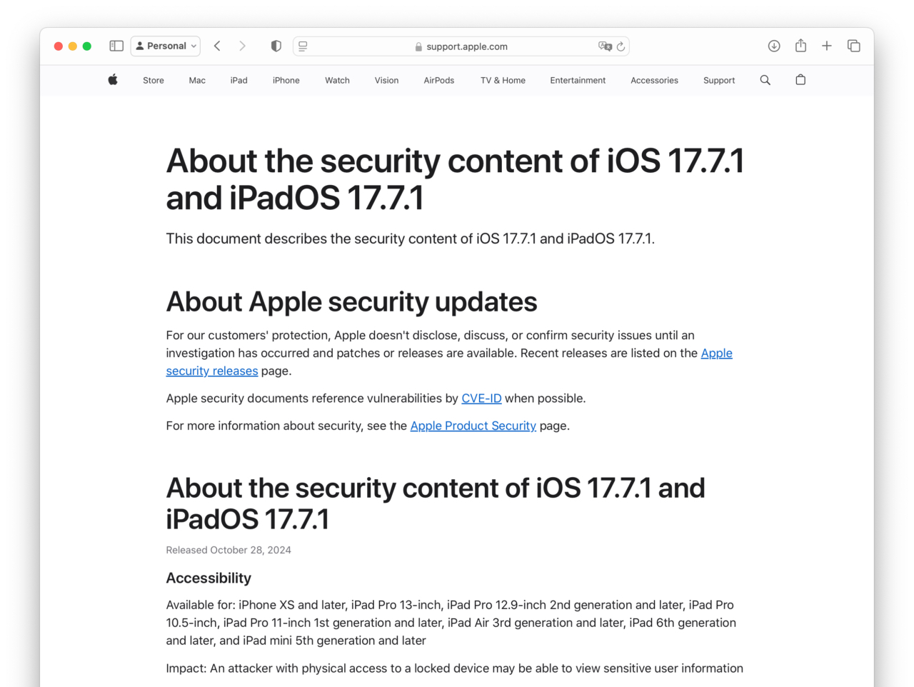 About the security content of iOS 17.7.1 and iPadOS 17.7.1