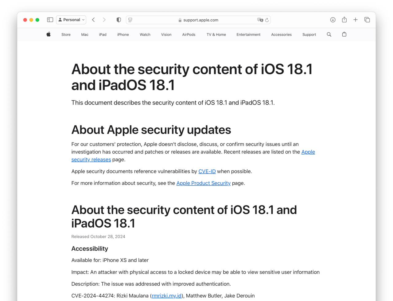 About the security content of iOS 18.1 and iPadOS 18.1