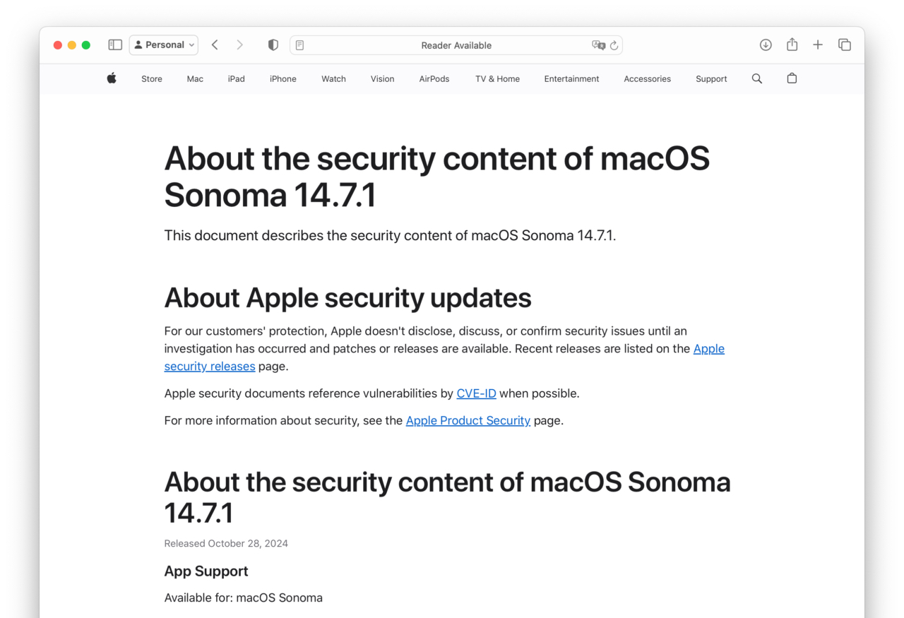 About the security content of macOS Sonoma 14.7.1