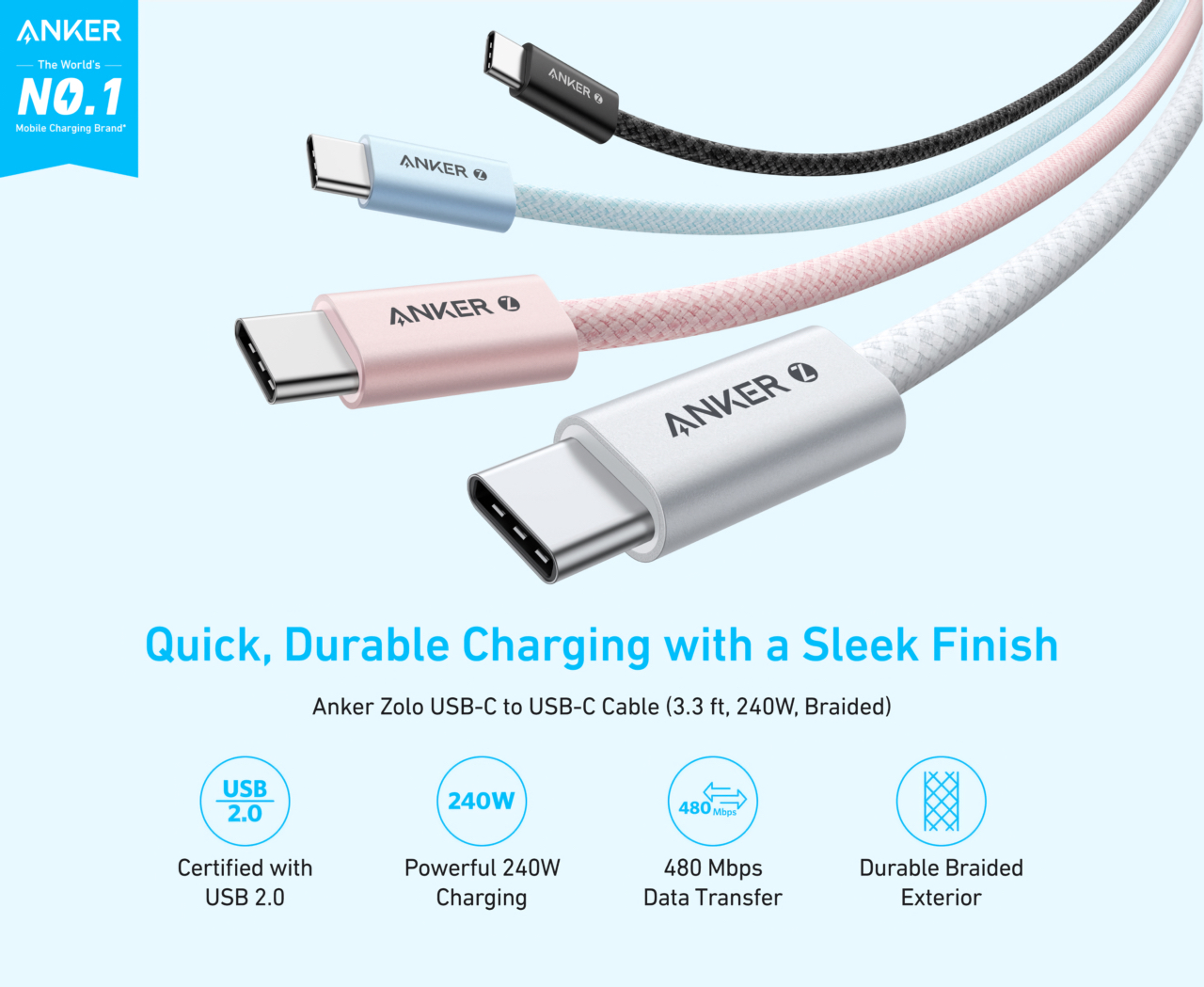 Anker Zolo USB-C to USB-C Cable (3.3 ft, 240W, Braided)