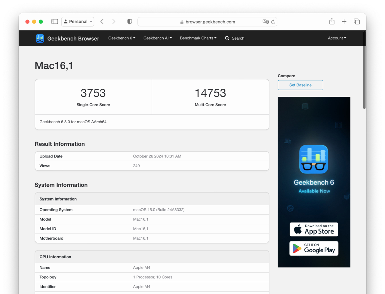 Mac16,1のGeekbenchスコア