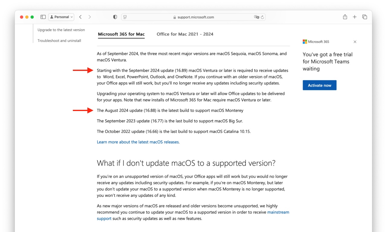 Upgrade macOS to continue receiving Microsoft 365 and Office for Mac updates
