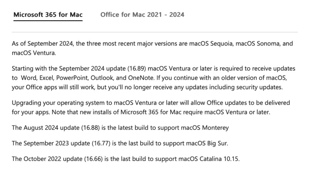 macOS 15 Sequoiaのリリースに伴い、近く「Microsoft 365/Office 2021,2024」でmacOS 12