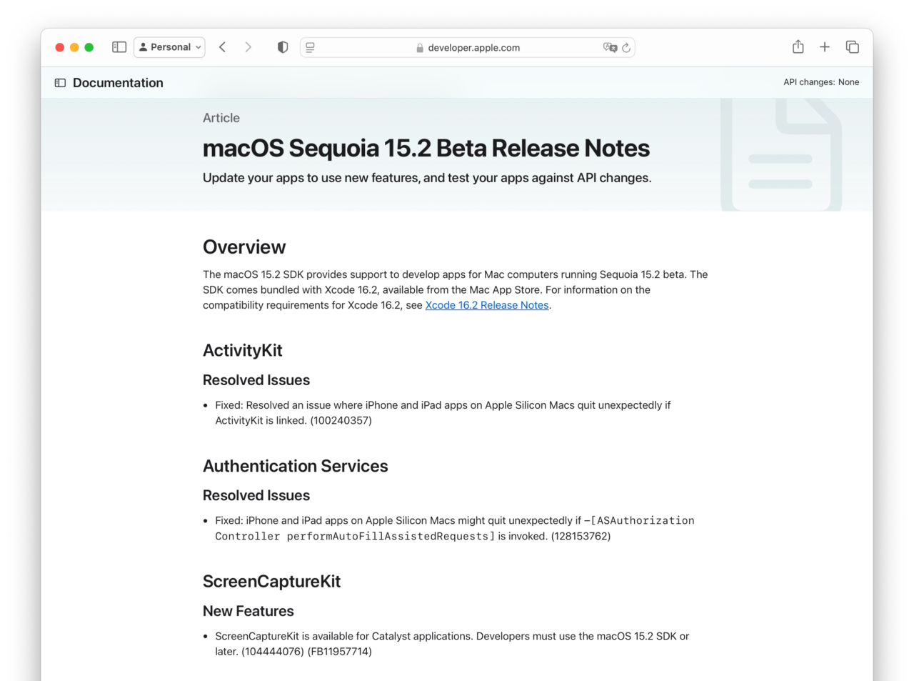 macOS Sequoia 15.2 Beta Release Notes