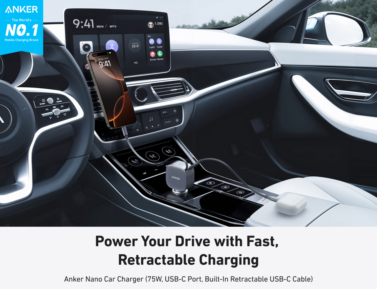 Anker Nano Car Charger (75W, USB-C Port, Built-In Retractable USB-C Cable) (A2738)