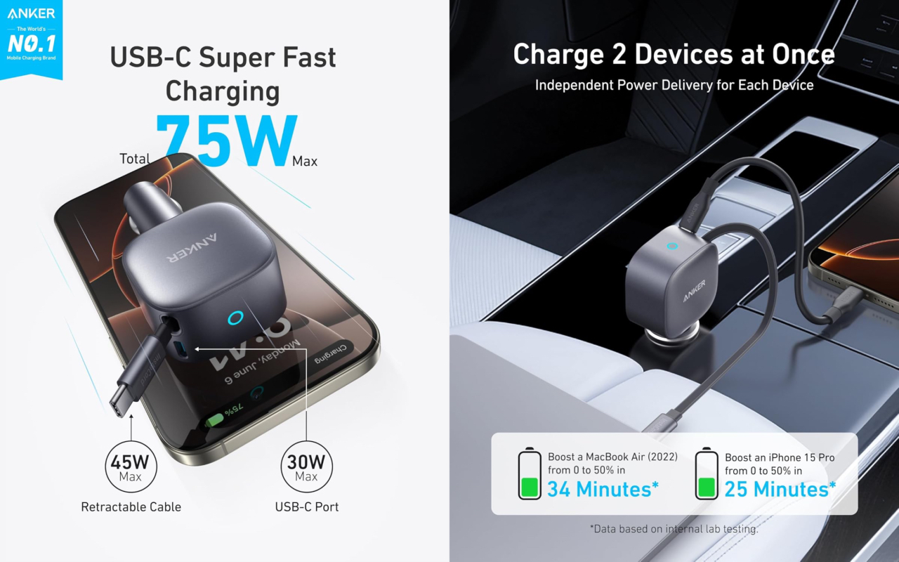 Anker Nano Car Charger (75W, USB-C Port, Built-In Retractable USB-C Cable)