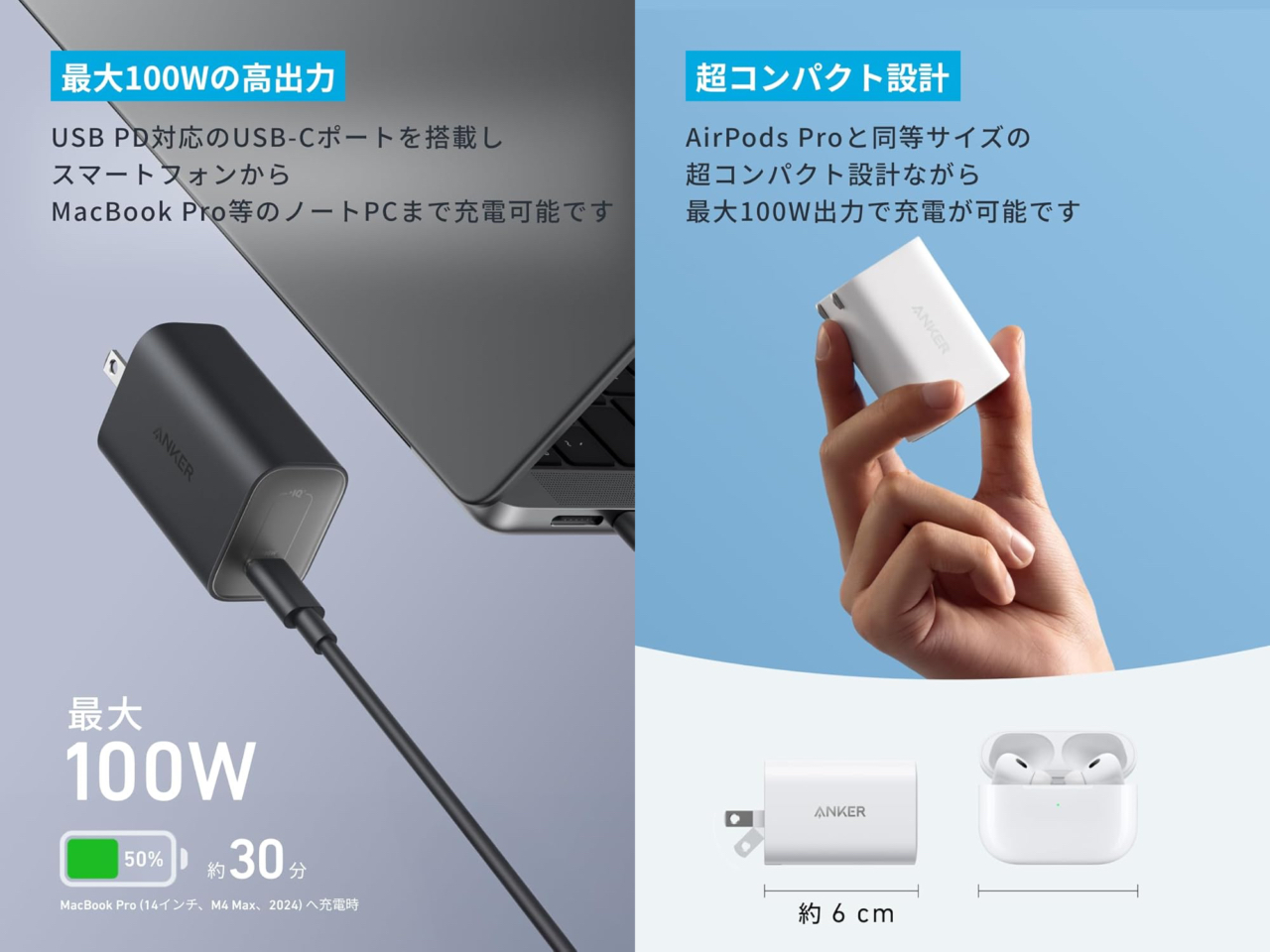 Anker Nano Charger (100W) with USB-C & USB-C ケーブル