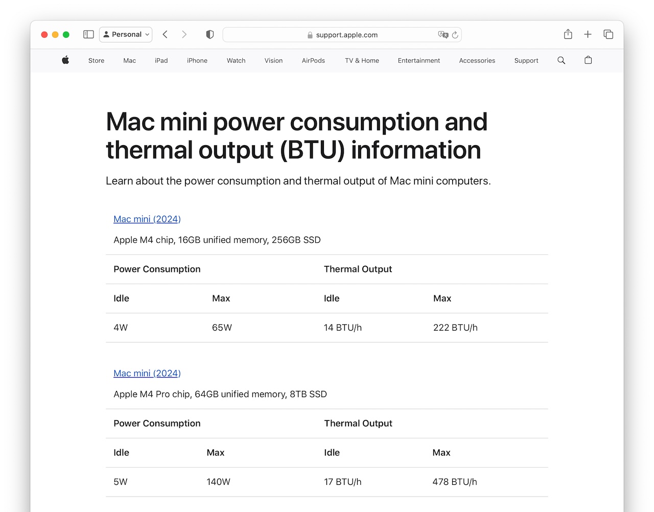 Mac mini の電力消費と熱出力 (BTU) に関する情報