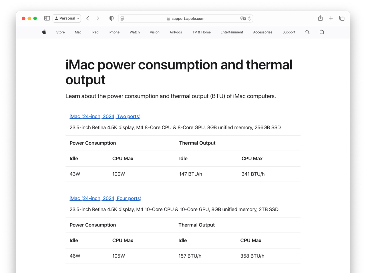 iMac (24インチ, 2024)の電力消費量