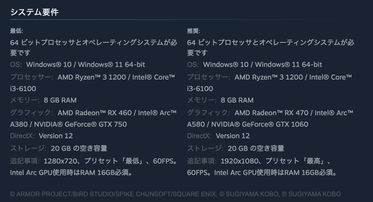 Steam版DQ3 HD-2Dのシステム要件