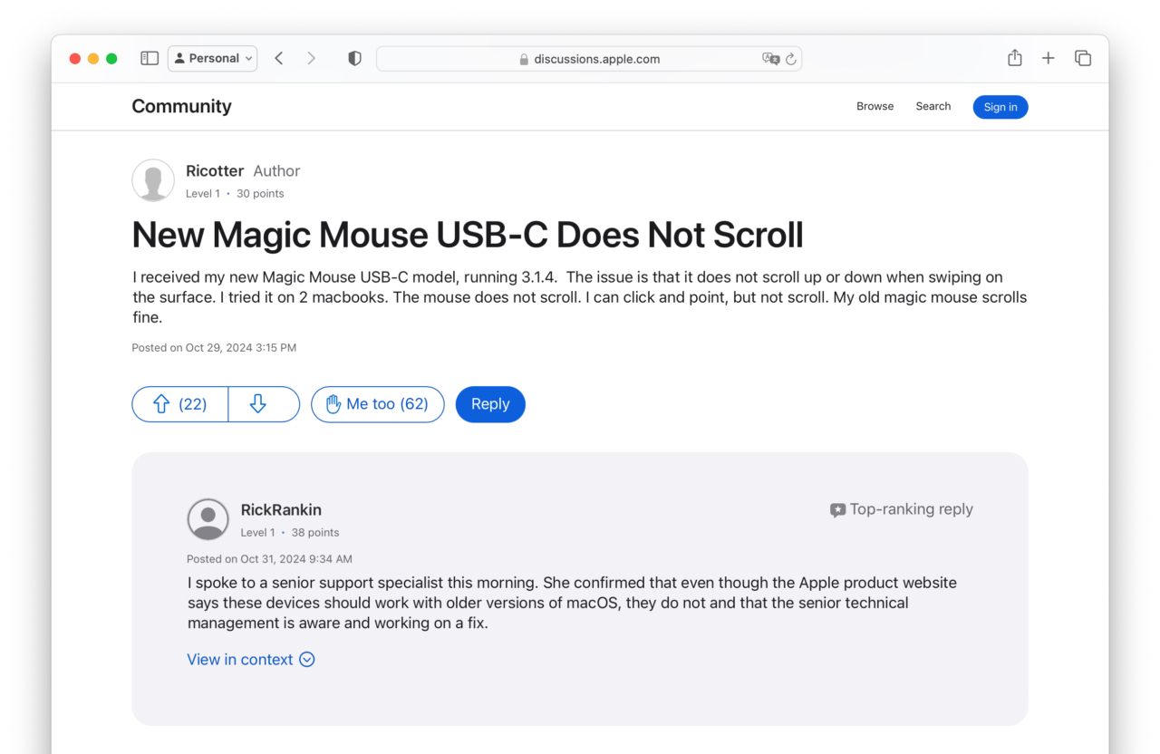 New Magic Mouse USB-C Does Not Scroll