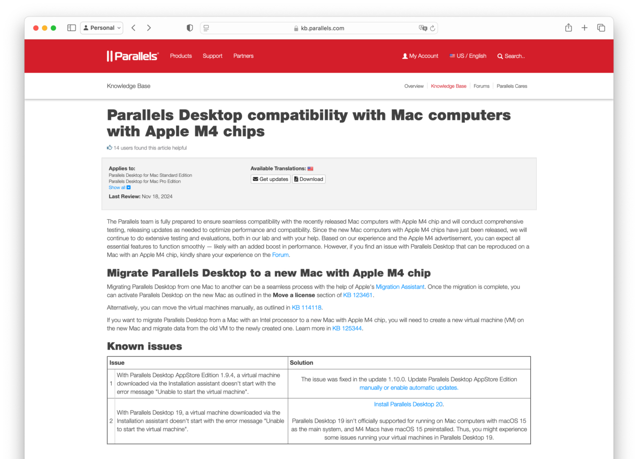 Parallels Desktop v19 for Macの不具合