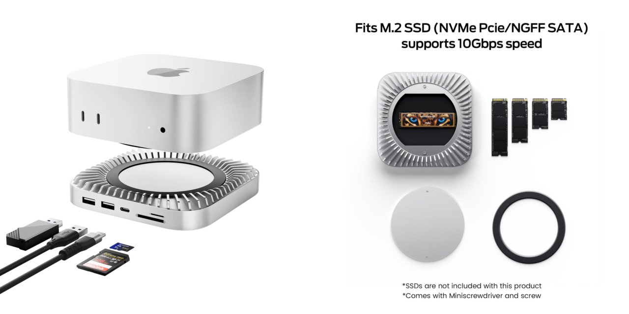 RayCue New M4/2024 Mac Mini Hub & Stand with NVMe/ M.2 SATA SSD Enclosure