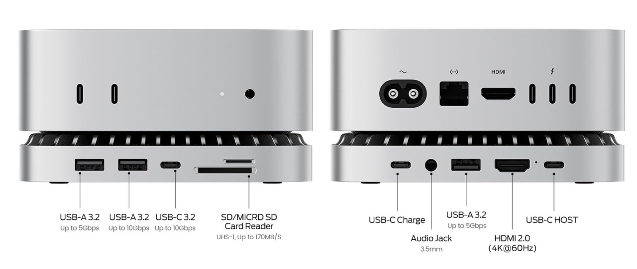 RayCue New M4/2024 Mac Mini Hub & Stand with NVMe/ M.2 SATA SSD Enclosure