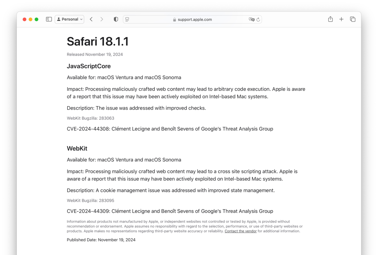 Safari v18.1.1