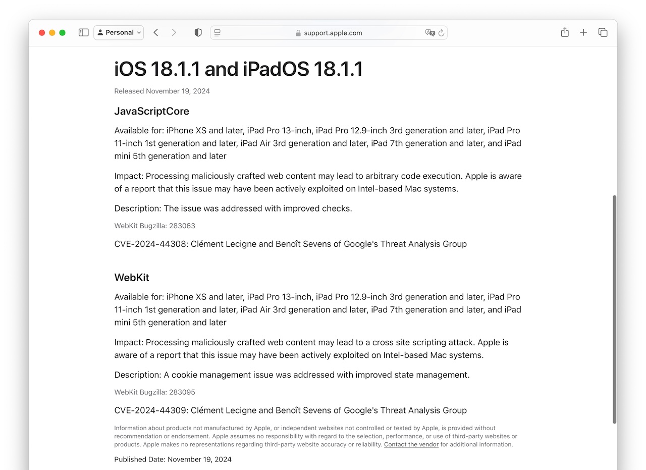 iOS 18.1.1/iPadOS 18.1.1 (22B91)