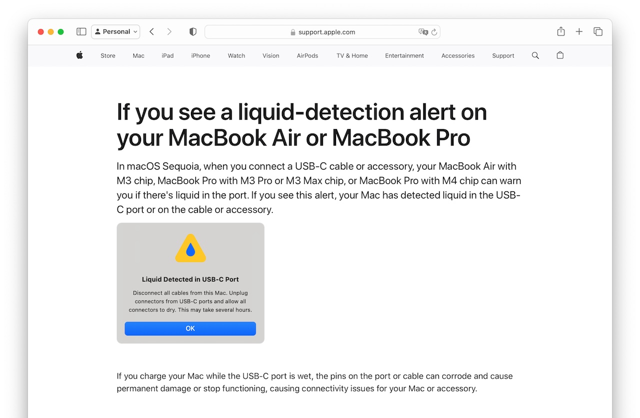 MacBook Air または MacBook Pro で液体検出の警告が表示された場合