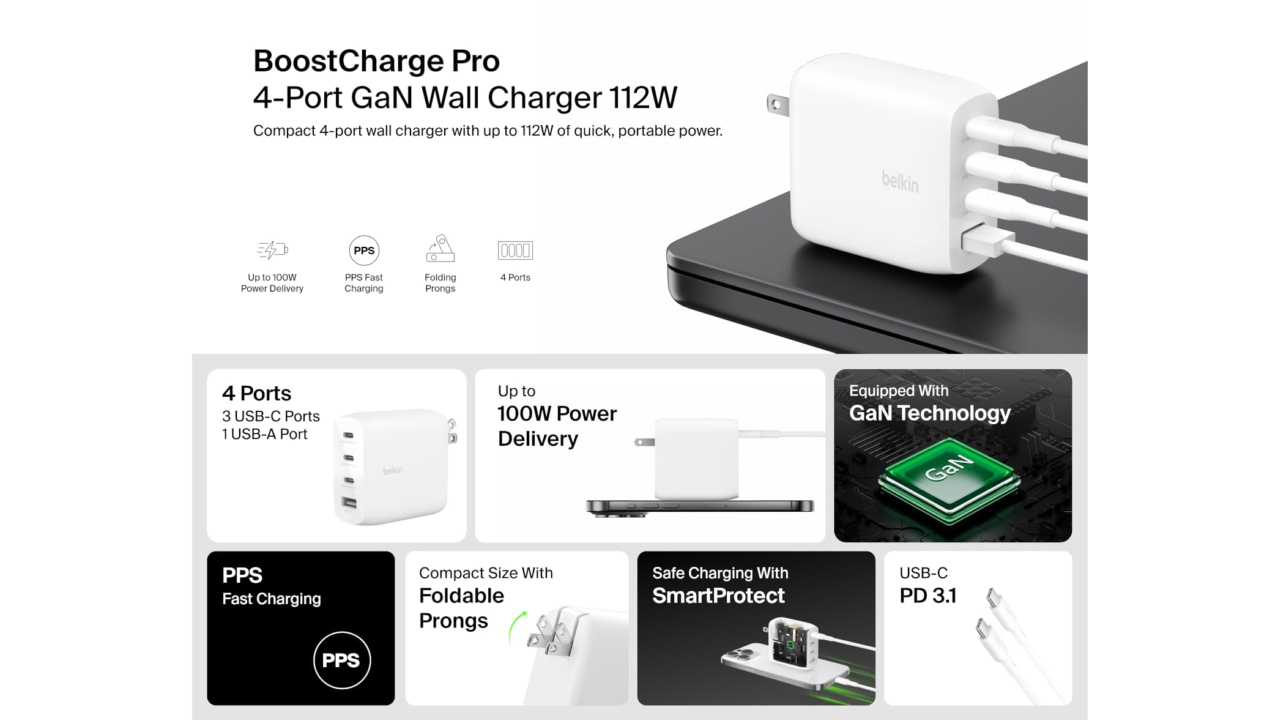 Belkin BoostCharge Pro 4-Port GaN Wall Charger 112W