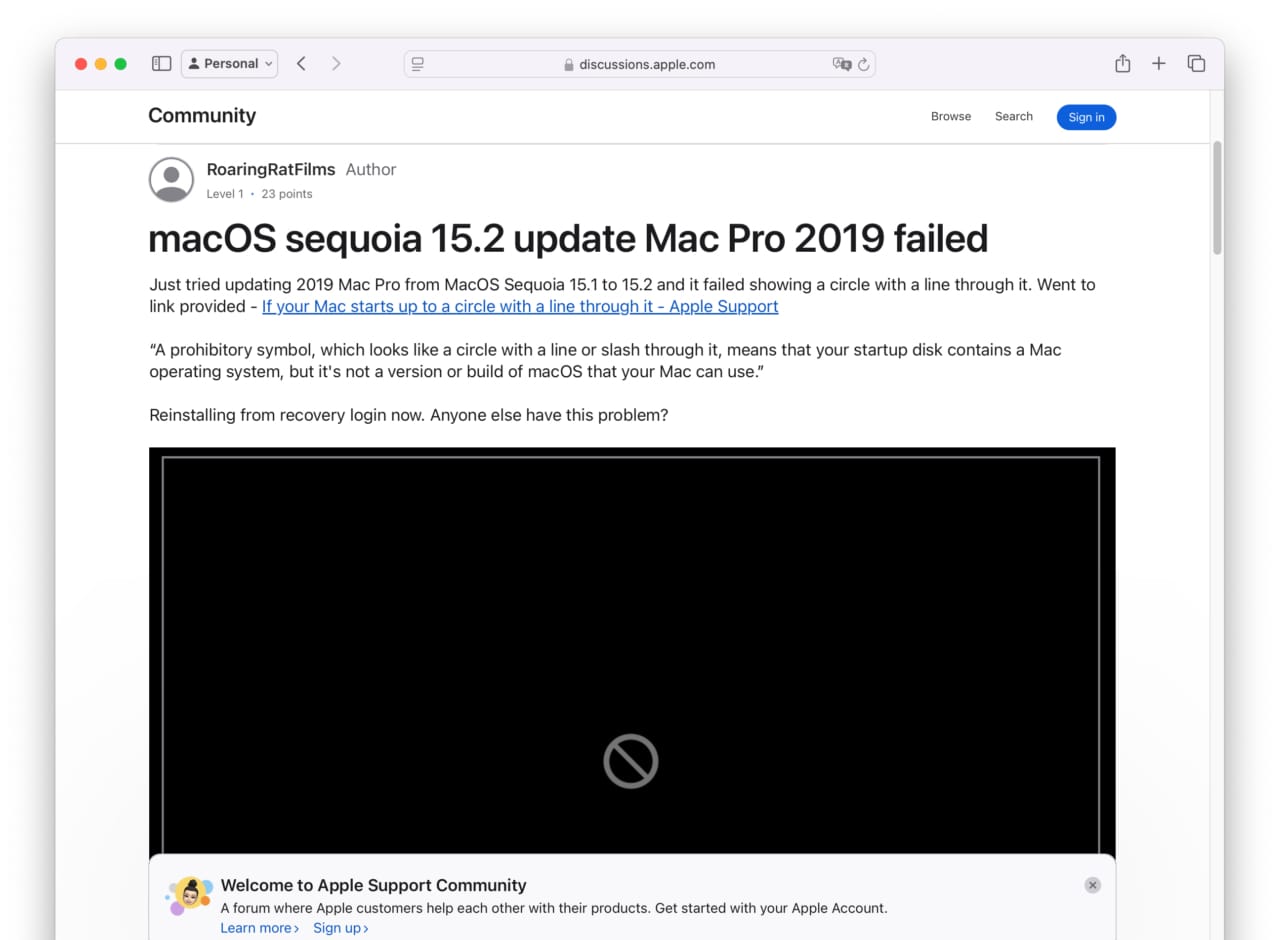 macOS sequoia 15.2 update Mac Pro 2019 failed