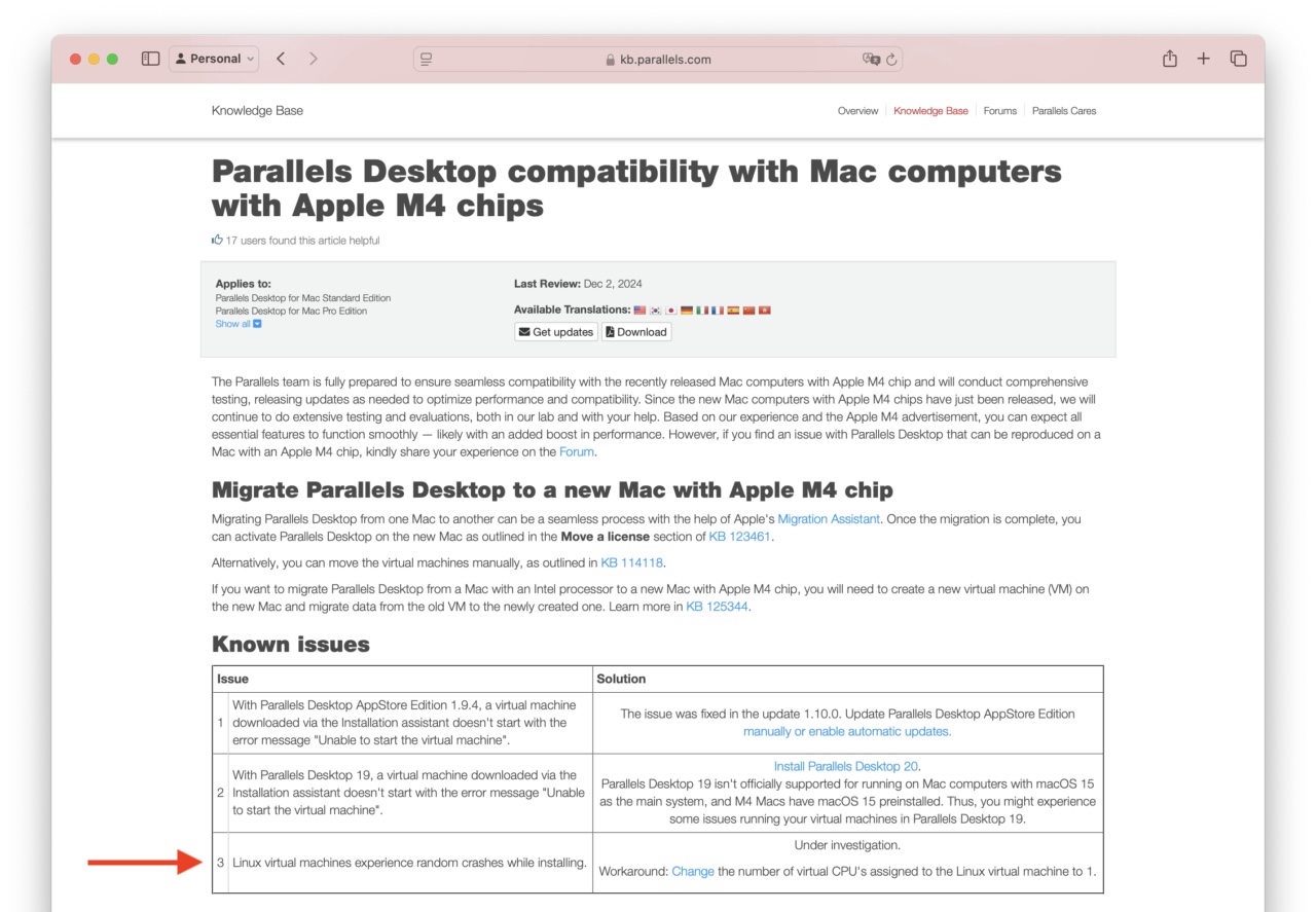 Parallels Desktop Linux VM crash on M4 Mac