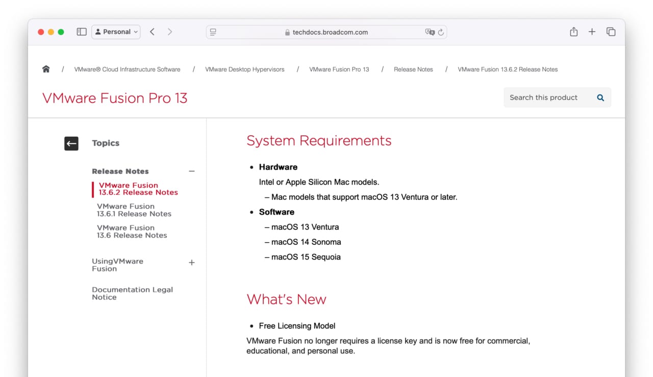 VMware Fusion 13.6.2でフリーライセンスモデルに