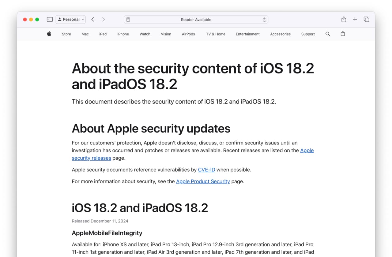 About the security content of iOS 18.2 and iPadOS 18.2