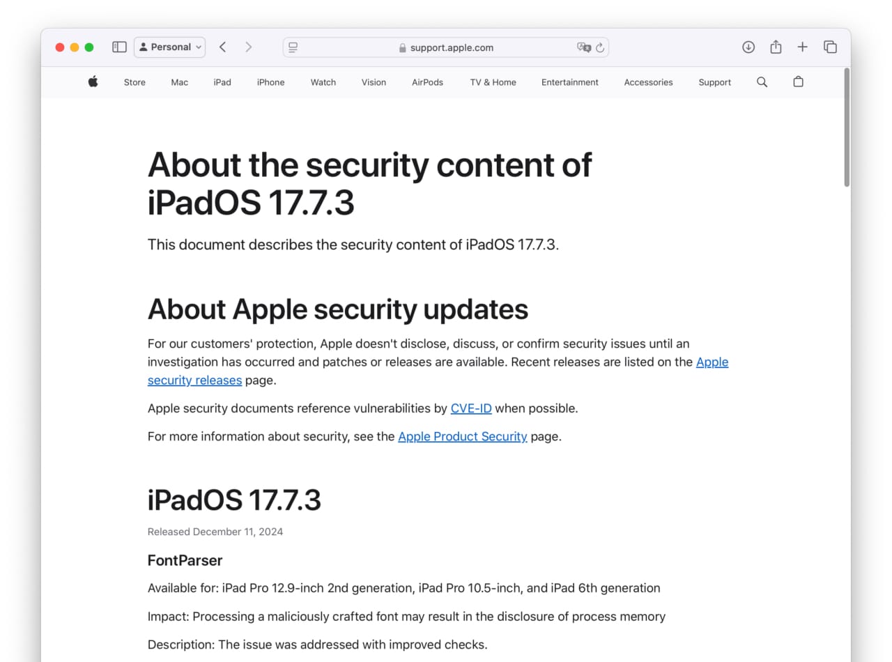 About the security content of iPadOS 17.7.3